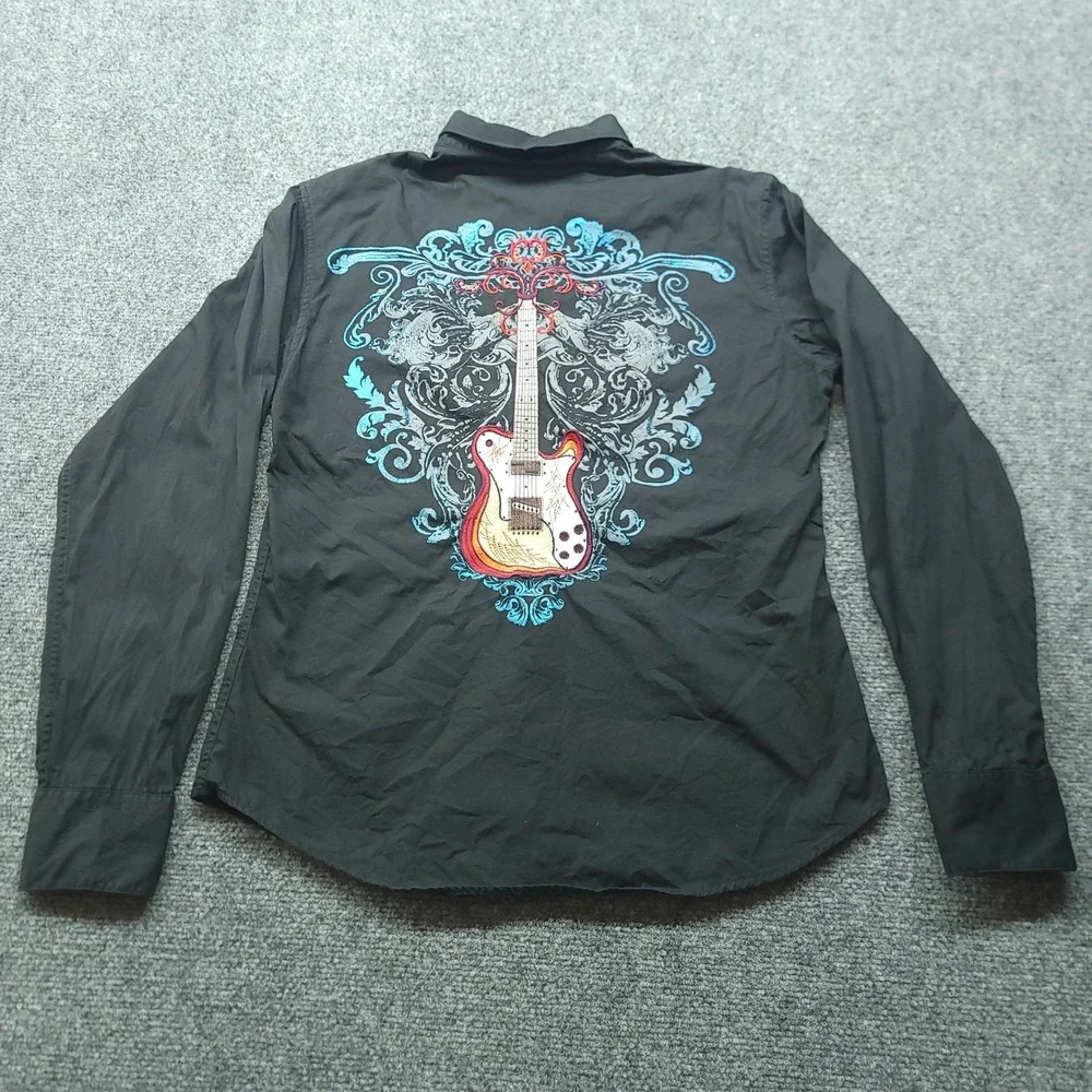Brooks & Dunn Panhandle Slim Western Snap Shirt Black Guitar Embroidered Mens M